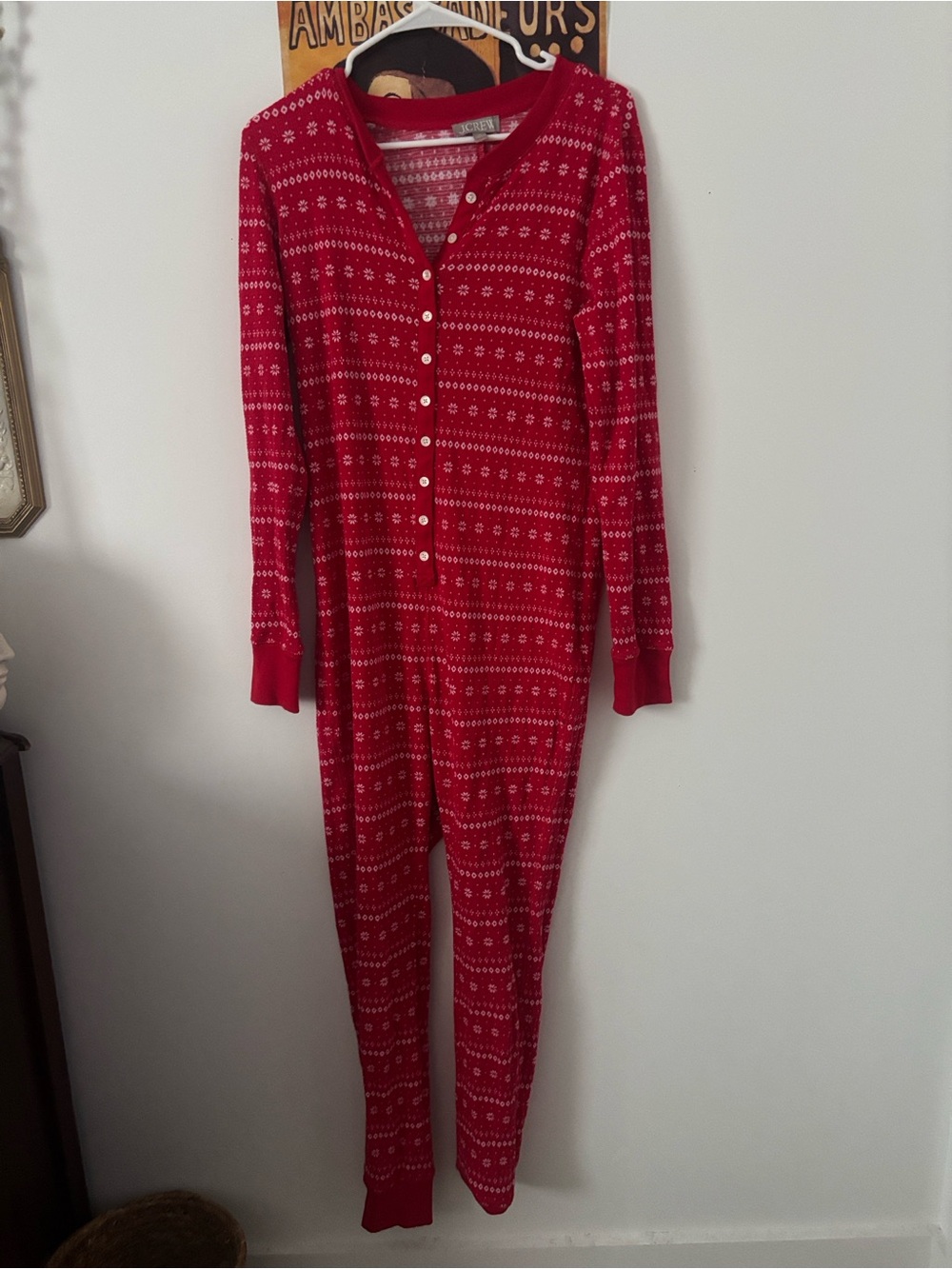 J. Crew Red Waffle Knit Holiday One-Piece Pajamas